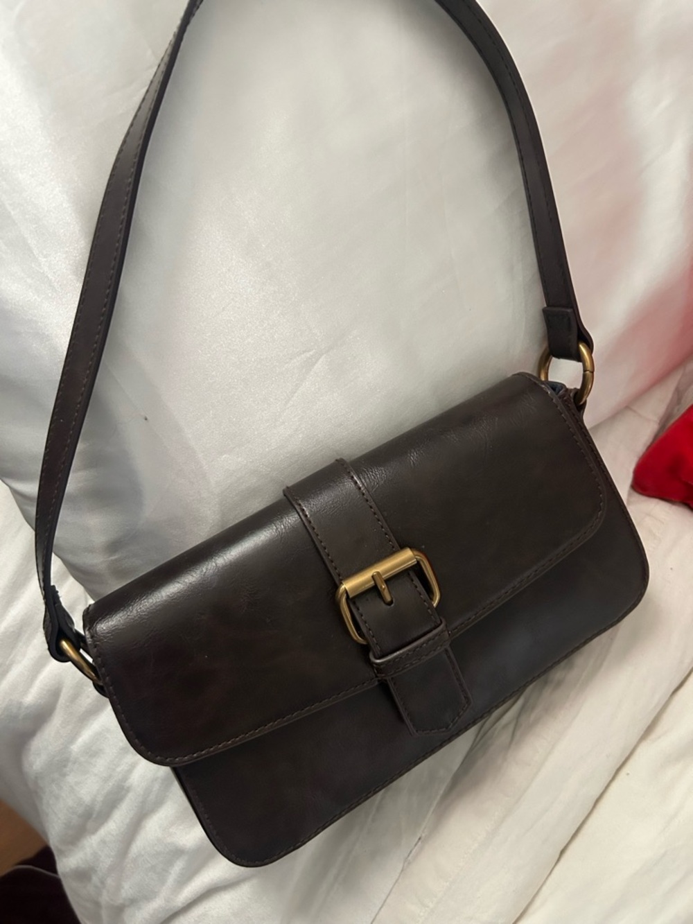 Dark Brown Leather Shoulder Bag with Buckle